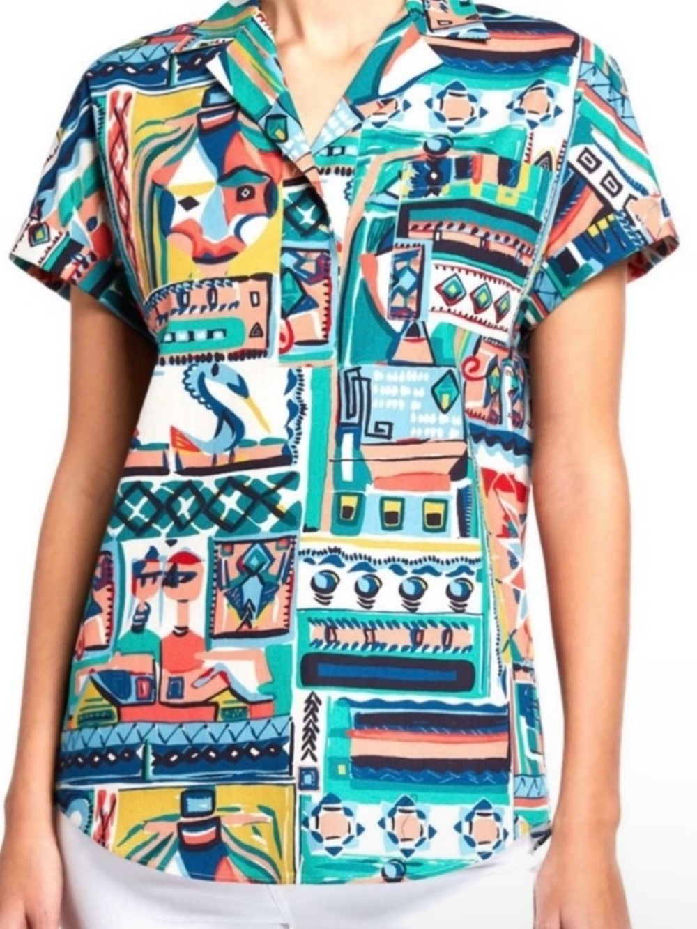 Lafayette 148 New York Huxley Patchwork Print Cotton Top Palazzo Shirt XL - Picture 2 of 7